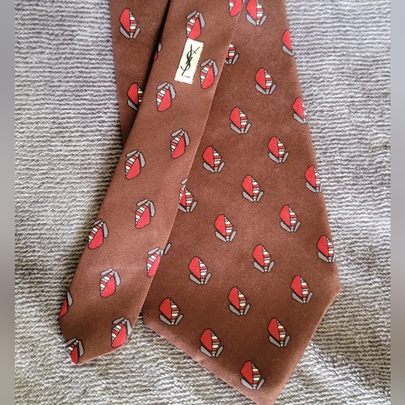 Yves Saint Laurent Other - Vintage Yves Saint Laurent Brown Silk Scarf w/ Red and Gray Leaf Print LIKE NEW
